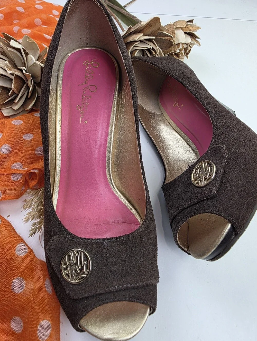 Lilly Pulitzer Brown Suede Peep-Toe Wedges Sz 6